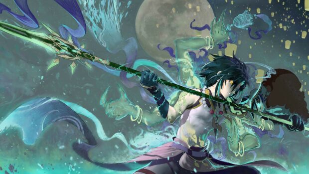 A dynamic character from Genshin Impact wields a spear with mystical blue energy under a glowing full moon