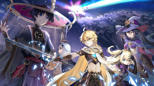 Genshin Impact characters ready for battle under a starry night sky in this high quality wallpaper