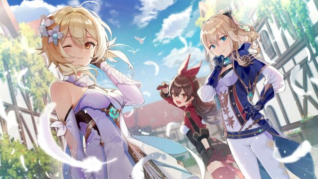 Genshin Impact characters stand together in a bright outdoor setting with a blue sky background