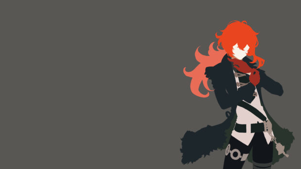 Minimalist Genshin Impact wallpaper featuring a character with vibrant red hair on a dark background