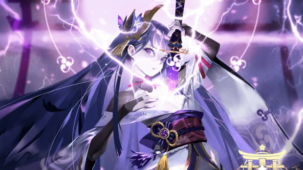Raiden Shogun wielding her sword with lightning powers in a high quality Genshin Impact wallpaper