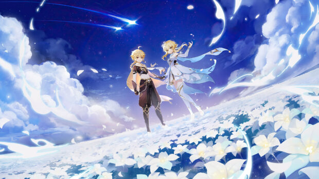 Two Genshin Impact characters stand in a glowing field of white flowers under a starry sky