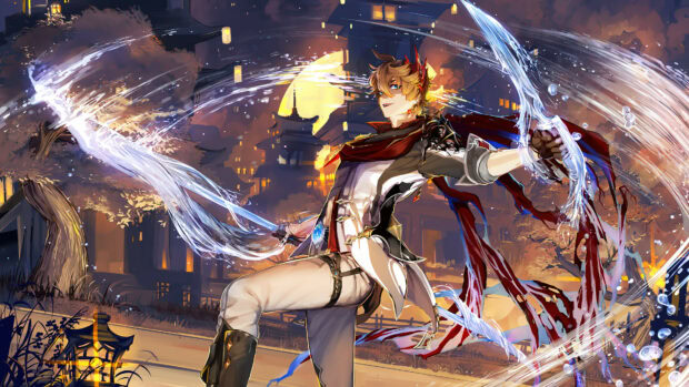 A dynamic character from Genshin Impact wields flowing hydro swords under glowing lanterns