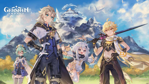 Four Genshin Impact characters stand before a mountain landscape with birds flying in the sky