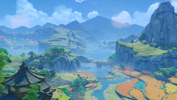 A breathtaking landscape of green hills and colorful fields from Genshin Impact with a clear blue sky