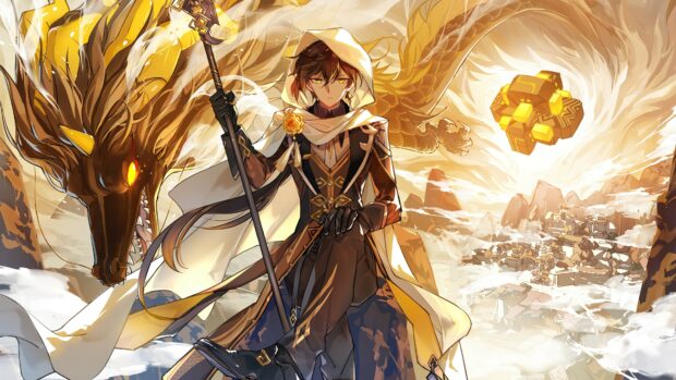 A detailed artwork of a character with a staff and a dragon in a golden fantasy landscape from Genshin Impact