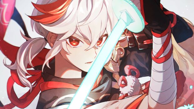 A detailed 4K wallpaper of a determined Genshin Impact character holding a glowing sword