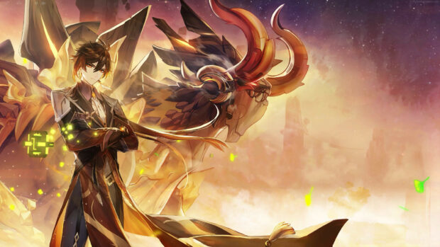 A detailed Genshin Impact wallpaper featuring a character standing with a dragon like creature in a glowing mystical background