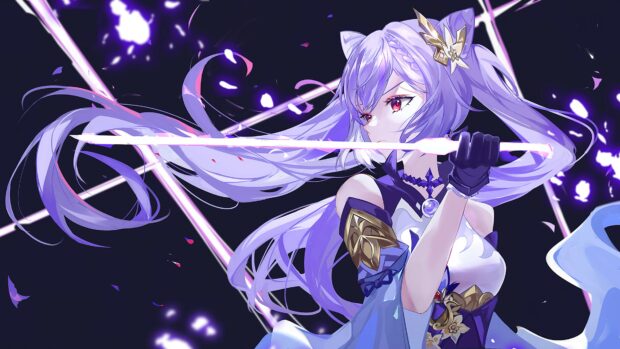 A powerful Genshin Impact character with flowing lavender hair wields a glowing sword in battle