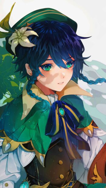 A detailed close up of a Genshin Impact character in green attire with blue hair and sparkling green eyes