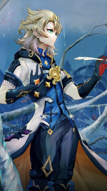 A detailed Genshin Impact wallpaper featuring a character holding a feather in a mystical blue forest