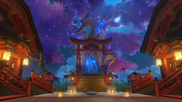 A stunning Genshin Impact wallpaper featuring a glowing fox shaped tree at the shrine under a starry night sky