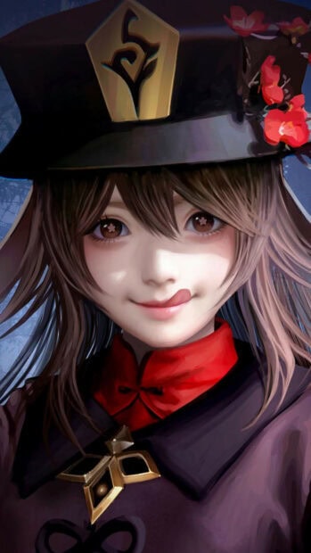 Close up portrait of Hu Tao from Genshin Impact with a playful smile and detailed outfit