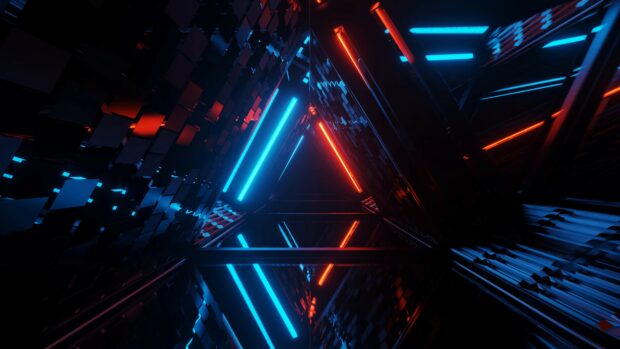 Dark geometric abstract with glowing blue and red neon lights in triangular shapes