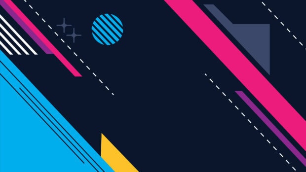 Colorful geometric abstract design with blue yellow and pink shapes on a dark background