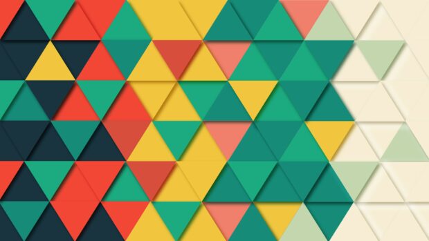 Colorful geometric shapes forming abstract triangle patterns in various shades of green red and yellow
