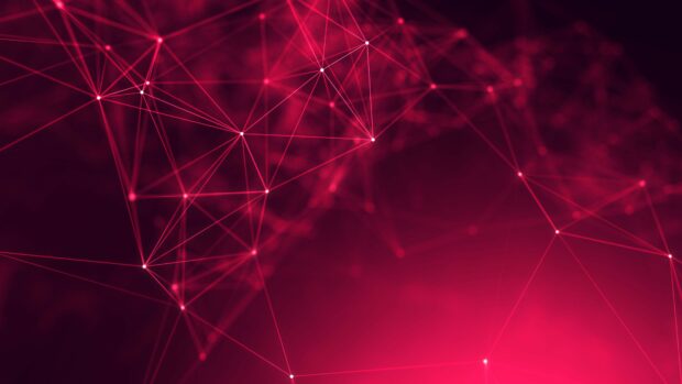 Red glowing geometric abstract network with connected lines and nodes in 4K quality