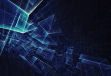 Transparent geometric shapes forming an abstract digital grid with glowing blue lines