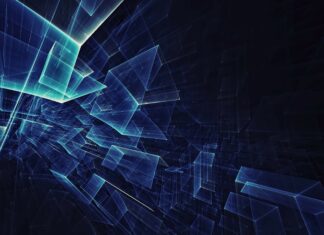 Transparent geometric shapes forming an abstract digital grid with glowing blue lines