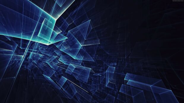 Transparent geometric shapes forming an abstract digital grid with glowing blue lines