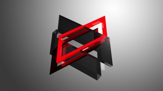 A geometric abstract design with overlapping transparent shapes in red black and white on a gray gradient background