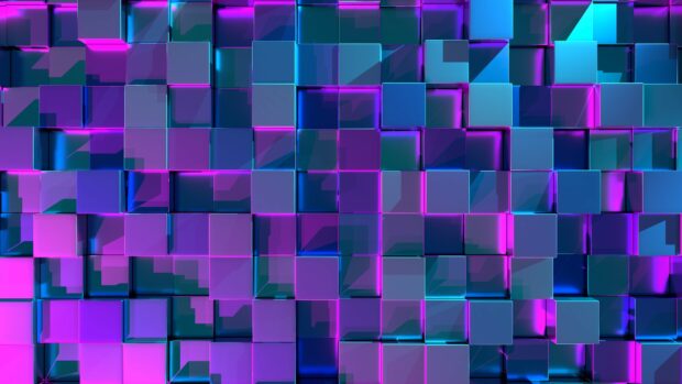 Blue and purple geometric abstract design with glowing cubes forming a modern pattern