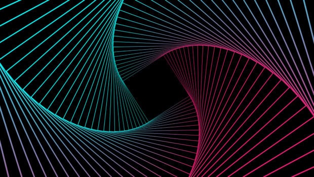 Blue and pink geometric abstract design with curved spiral lines on black background
