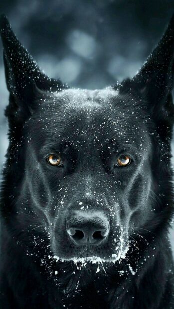 Black German Shepherd dog face covered with snowflakes in close up view