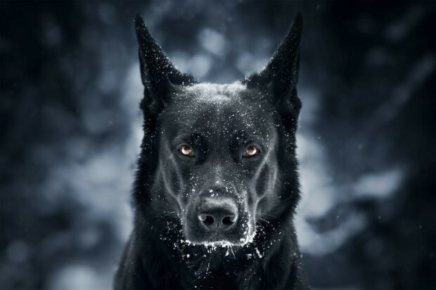 Black German Shepherd dog with snowflakes on its face in a winter setting
