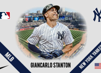 Giancarlo Stanton in baseball uniform at Yankee Stadium in New York