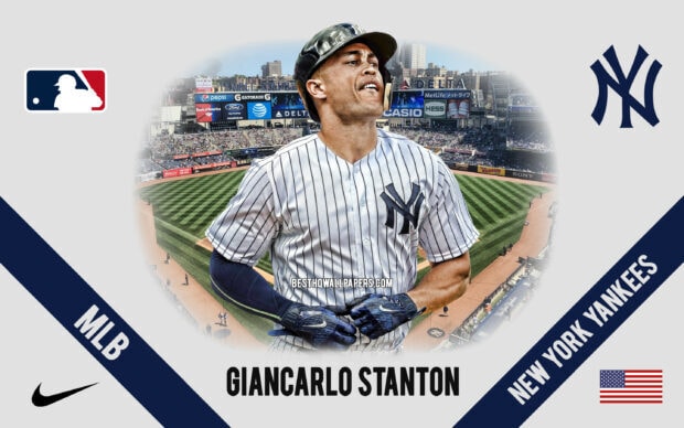 Giancarlo Stanton in baseball uniform at Yankee Stadium in New York