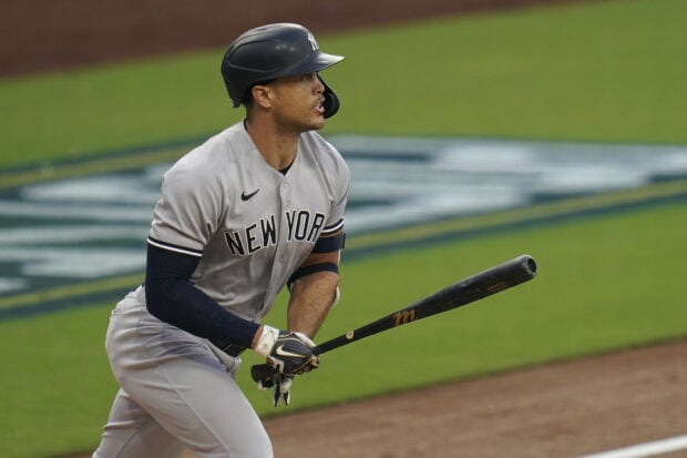 Giancarlo Stanton preparing to swing during a New York baseball game