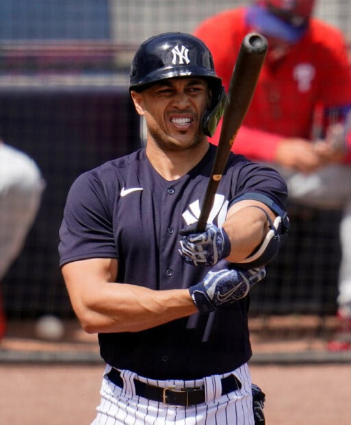 Giancarlo Stanton preparing to bat in a New York Yankees uniform