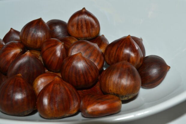 A close up of glossy brown chestnuts arranged in a white bowl shows their smooth textures and rich colors, 2K Desktop Wallpaper