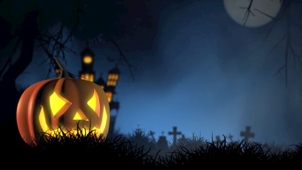 A glowing Halloween pumpkin shines near a spooky graveyard under a full moon, 4K Desktop Wallpaper
