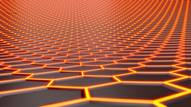 A glowing hexagonal honeycomb pattern extends into the distance with vibrant orange edges, HD Desktop Wallpaper