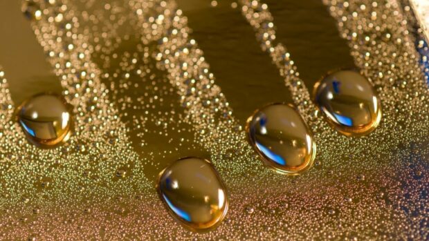 Close up of gold foil with water droplets and sparkling texture