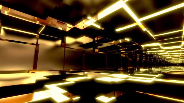 Glowing gold lights forming a futuristic geometric tunnel with reflective surfaces