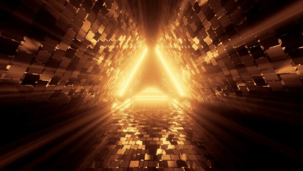 Golden lights forming a glowing tunnel with reflective gold tiles and bright gold lights