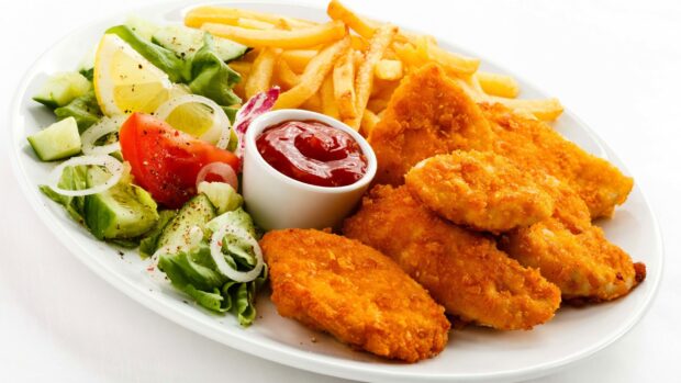 A plate of golden fried fish served with french fries, salad, and ketchup dip, 2K Desktop Wallpaper