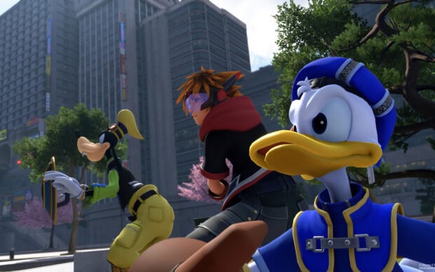 Goofy character and friends preparing for action in a cityscape setting