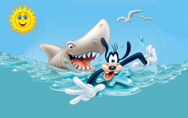 Goofy happily swimming in the sea chased by a big shark on a bright sunny day