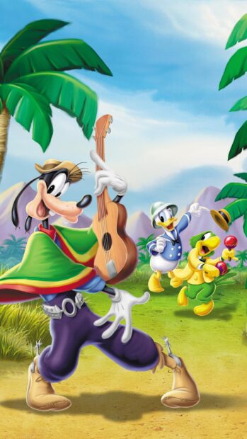 Goofy playing guitar in a colorful outfit with friends dancing in a tropical setting