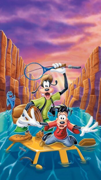 Goofy characters playing tennis on a sunken car in a canyon river with a happy fish nearby