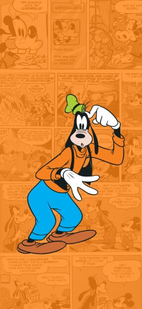 Goofy character scratching his head in front of comic strip background