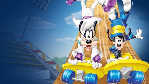 Goofy characters racing on yellow skateboards in a fun and colorful scene
