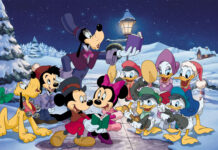 Goofy singing Christmas carols with friends in a snowy winter scene