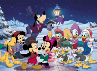 Goofy singing Christmas carols with friends in a snowy winter scene