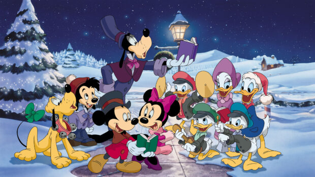 Goofy singing Christmas carols with friends in a snowy winter scene