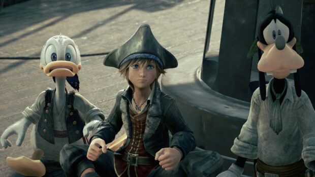 A young pirate and classic goofy character sitting next to a surprised duck in a detailed animated scene